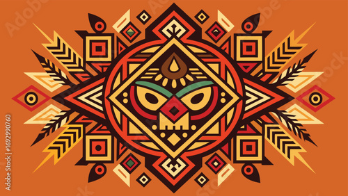 Tribal Mask Motif with Geometric Patterns and Feather Elements on Orange Background abstract brown