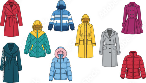 Stylish winter coats and jackets collection in various colors and designs for fashion, seasonal clothing, outerwear, cold weather illustration