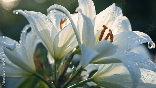 Morning dew drops sparkling on fresh white lilies in slow motion.