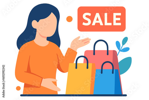 Young woman promoting sale with colorful shopping bags in illustration Model deploy