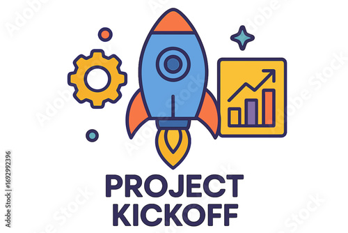Project kickoff with rocket, growth chart, and gear icons