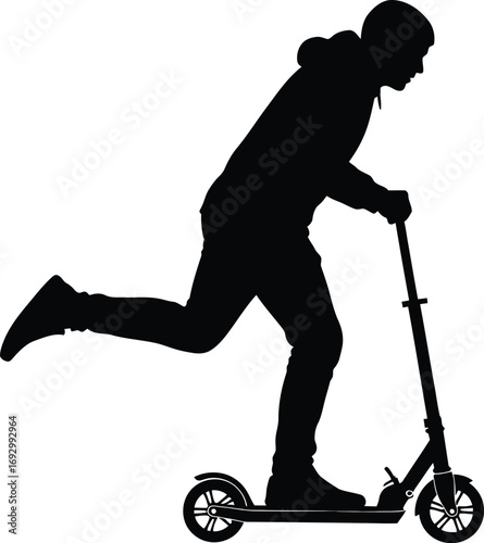 Silhouette of a young man riding a kick scooter isolated on white background, perfect for urban mobility