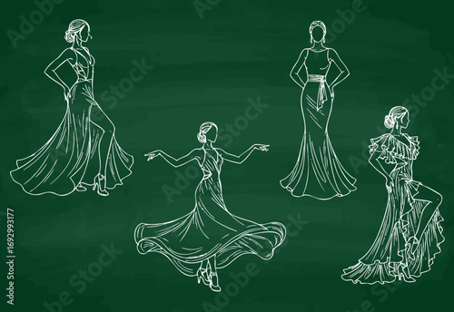 Südamerikanische Frauen in Kleidern Vektorgrafik Collage auf dunkler Kreidetafel Illustration