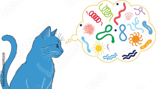 Curious blue cat contemplating a thought bubble filled with colorful, abstract shapes and symbols.