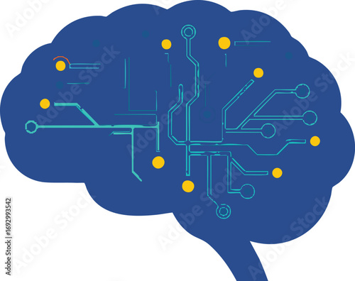 Abstract Brain Vector Illustration with Circuit Board Design in Blue and Yellow a Modern Technology Graphic