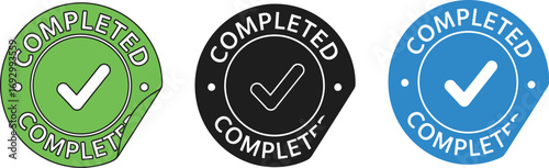 Set of three colorful "Completed" badges with checkmarks, symbolizing success and accomplishment