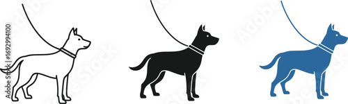 Alert dog on leash, depicted in outline, black silhouette, and blue graphic styles