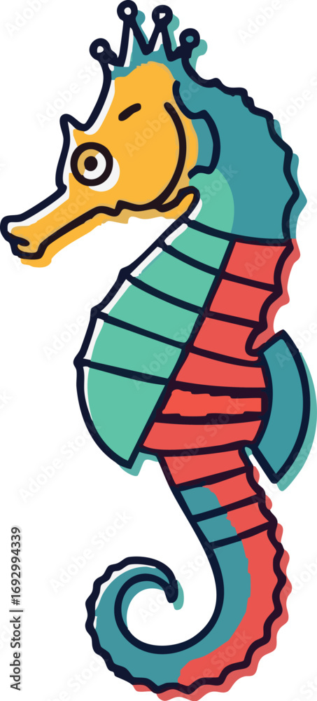 Obraz premium Illustration Vector of a Stylized Sea Horse with a Crown in Yellow Teal and Red
