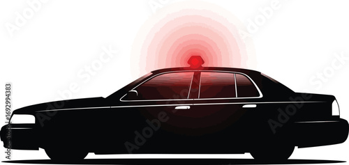 Silhouette of a police car with red siren isolated on white background, symbolizing law enforcement and emergency response
