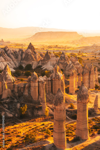 Tableau sur toile Aerial View of Fairy Chimneys in Love Valley Cappadocia at Golden Hour Sunset