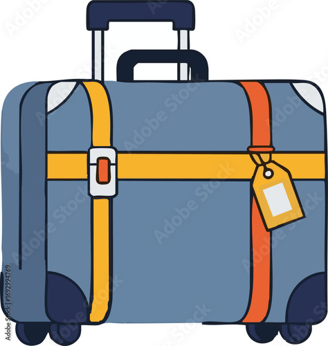 Illustration Vector of Suitcase with Travel Tag in Modern Minimalist Style featuring Blue Orange and Yellow Colors