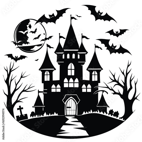 Three dimensional haunted castle silhouette icon