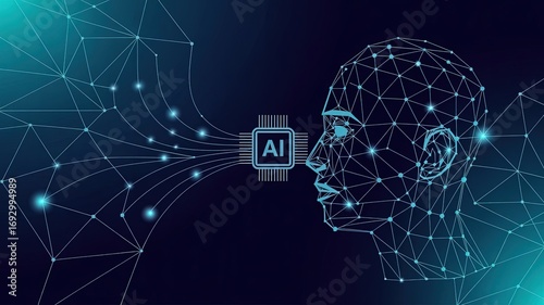Artificial Intelligence Fusion: A futuristic digital artwork envisions a person's head linked to AI, highlighting technology and human intelligence integration. 