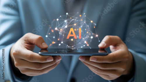 AI-powered Device: This image captures a person's hands holding a smartphone, the digital rendering of an AI-powered system.