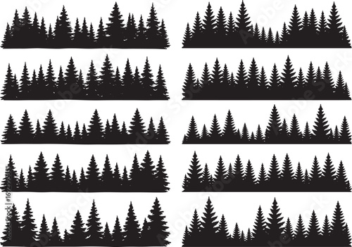 ten horizontal rows of dense pine and fir tree silhouettes in black vector style, evenly spaced against a white background