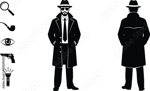 Mysterious detective in trench coat and fedora, seen from front and back, with investigative tools.