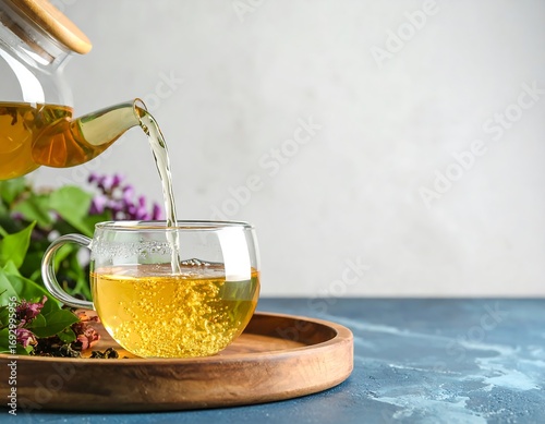 Tea being poured into a glass cup