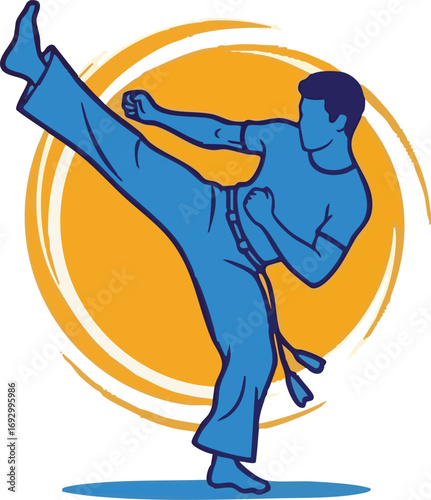 Action Vector Illustration of Martial Artist Kicking with Circular Yellow Background Modern Design
