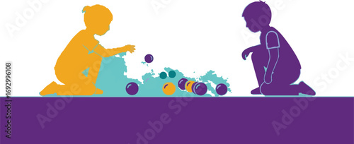 Illustration Vector of Children Playing in Ball Pit with Teal Background Silhouette Style