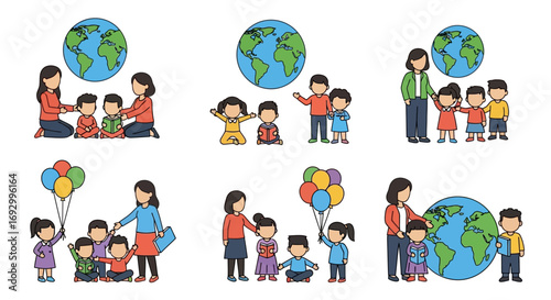 Diverse Children and Adults Celebrating Earth Day with Globe and Balloons.