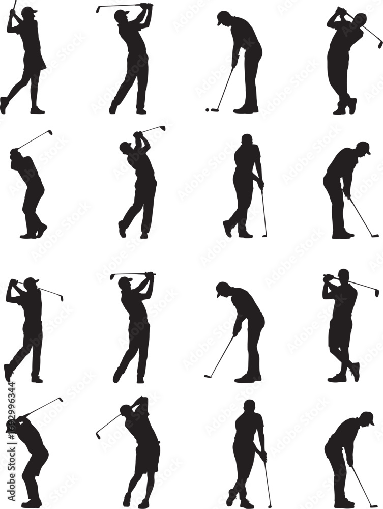 Obraz premium Golf Player Silhouettes Vector Set | Sports Illustration and Action Poses
