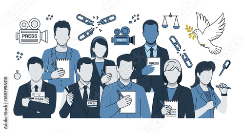 Diverse Group of Journalists and Media Professionals with Reporting Tools.