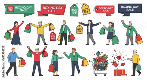 People shopping on Boxing Day sale with shopping bags and gifts.