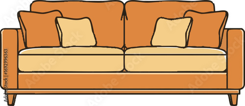 Furniture Vector Illustration of Orange Sofa Couch with Pillows Modern Home Decor Element