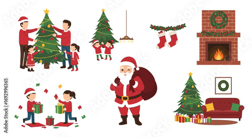 Christmas Holiday Celebration with Family Decorating Tree and Santa Claus.