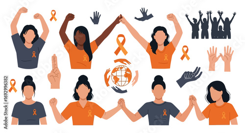 Diverse women united for a cause, raising awareness with orange ribbons and gestures of solidarity.
