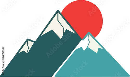 Landscape Vector Illustration with Mountains and Sun in Geometric Style
