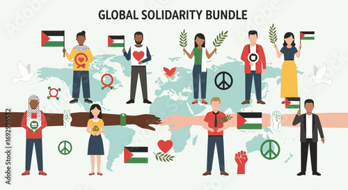 Global Solidarity Bundle with Diverse People and Palestinian Flags.