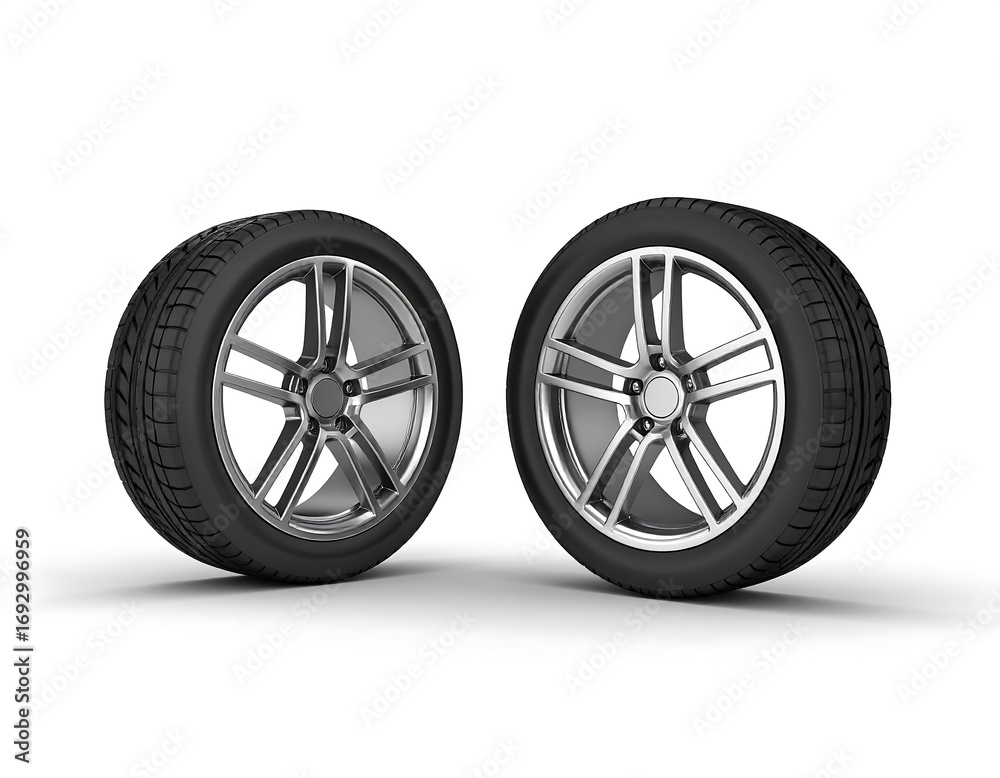 Obraz premium Two car wheels against white background