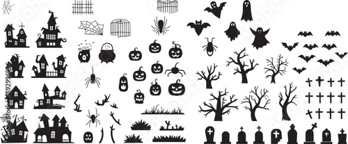 Collection of halloween silhouettes icon and character.