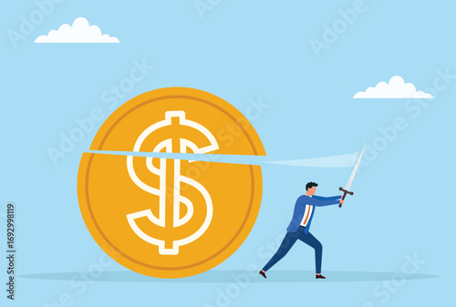 Vector illustration of a businessman slicing a gold coin with a sword, symbolizing financial decisions, wealth management, bold investments, and taking control of money
