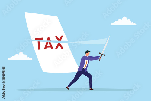 Vector illustration of a businessman slicing large tax documents with a sword, symbolizing taking control of finances, overcoming tax challenges, and bold financial action
