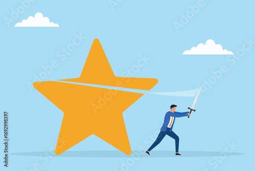 Vector illustration of a businessman slicing a large star sign with a sword, symbolizing ambition, achieving goals, overcoming challenges, and striving for success
