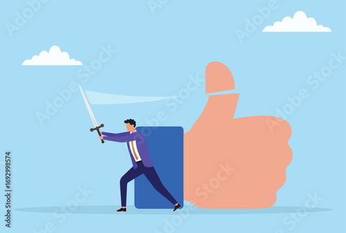 Vector illustration of a businessman slicing a large likes sign with a sword, symbolizing social media strategy, boosting engagement, and taking control of online popularity

