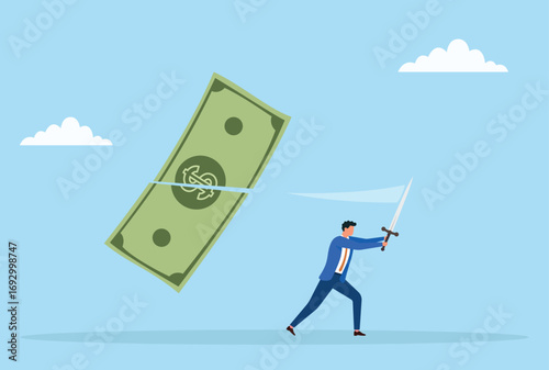 Vector illustration of a businessman slicing a money note with a sword, symbolizing financial strategy, cost cutting, bold money decisions, and taking control of finances
