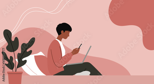 Person multitasking with smartphone and laptop in a relaxed home setting, illustrating remote work, online communication, and modern digital lifestyle.