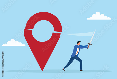 Vector illustration of a businessman slicing a large location sign with a sword, symbolizing decisive action, breaking limits, and taking control of direction in business
