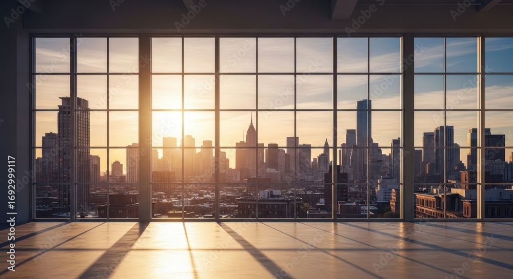 Fototapeta premium New York City Skyline View from Modern Office Window at Sunset