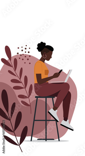 African American woman working remotely with laptop and smartphone, embodying modern work-life balance and digital connectivity. Ideal for business, tech, or lifestyle content.