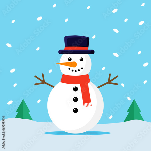 Flat vector snowman with snow on a blue background, Christmas card or banner style design background
