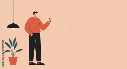 Stylish illustration of a man presenting or explaining with a pen, pointing to a blank space for text or graphics. Ideal for business, education, or creative concepts.