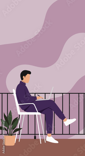 Person working remotely on a laptop from a balcony, embodying modern flexible work and a digital nomad lifestyle.