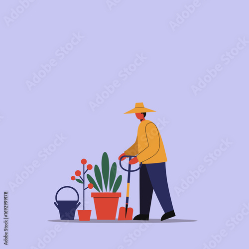 Gardener with spade and potted plants, ready for spring planting. Illustrates horticulture, growth, and nature-focused leisure or organic farming.