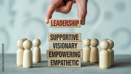Leadership Qualities:  A hand places a leadership block atop a tower of crucial leadership traits, symbolizing guidance and inspiration within a team.