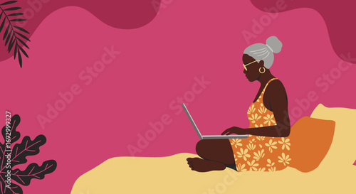 Elderly Black woman comfortably working on a laptop at home, embodying remote work, digital literacy, and modern senior lifestyle.