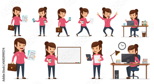 Cartoon office worker character constructor vector illustration. A smiling business woman wearing a pink shirt and trousers holds a briefcase, documents, a smartphone, and a coffee cup. Various poses 